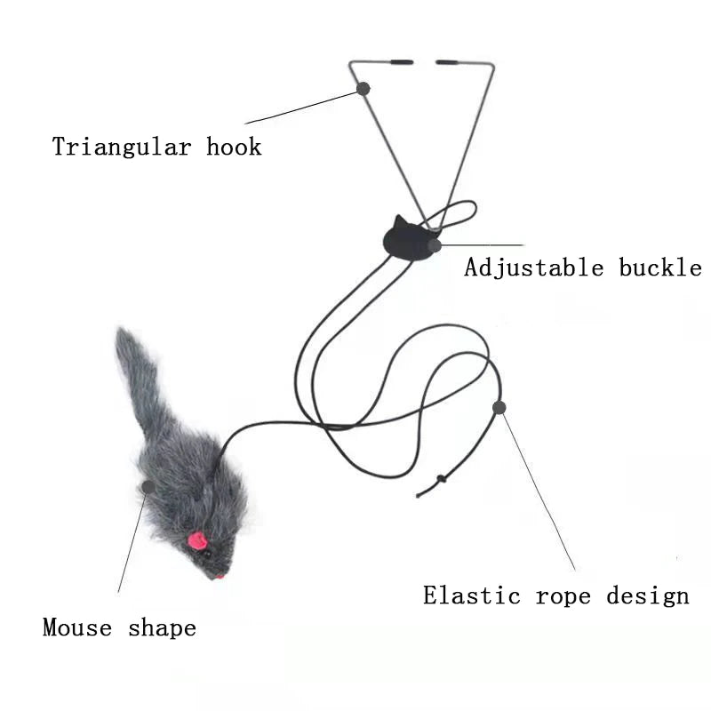 Hanging door mouse teasing cat stick