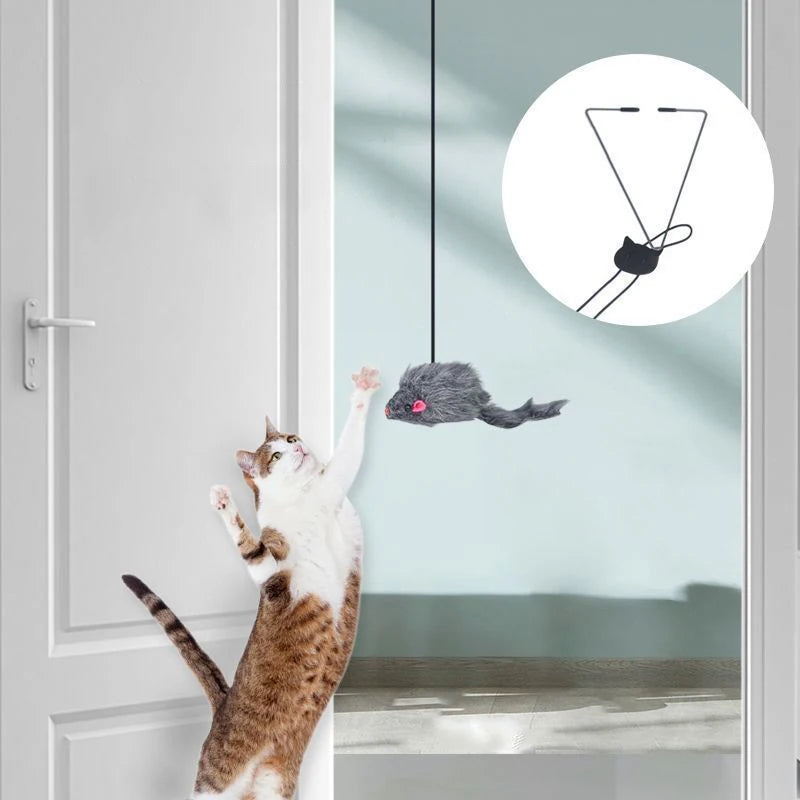 Hanging door mouse teasing cat stick