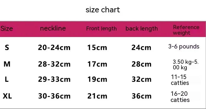 Size chart for Halloween Dog Costumes with measurements for S, M, L, and XL sizes.