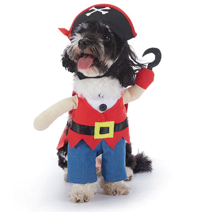 Halloween Dog Costumes featuring a playful dog dressed as a pirate with a hat and hook.
